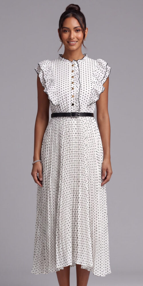 POLKA DOT RUFFLE SLEEVE MIDI DRESS FOR WEDDING GUEST