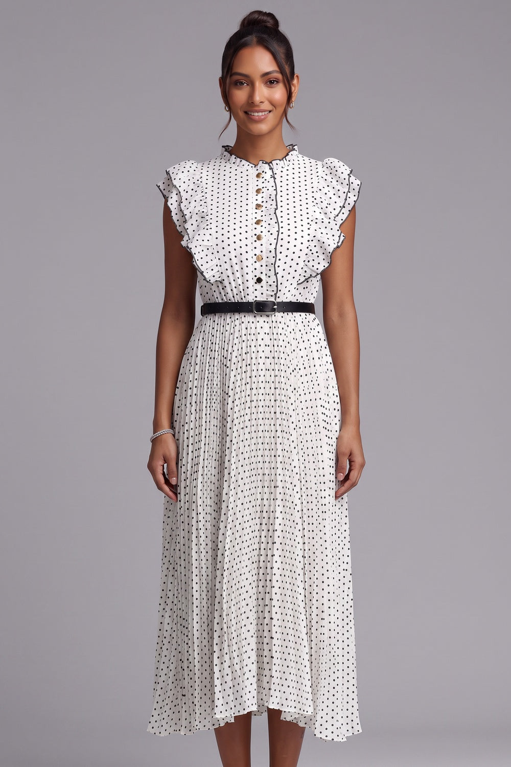 3e713690c43bcad1 POLKA DOT RUFFLE SLEEVE MIDI DRESS FOR WEDDING GUEST
