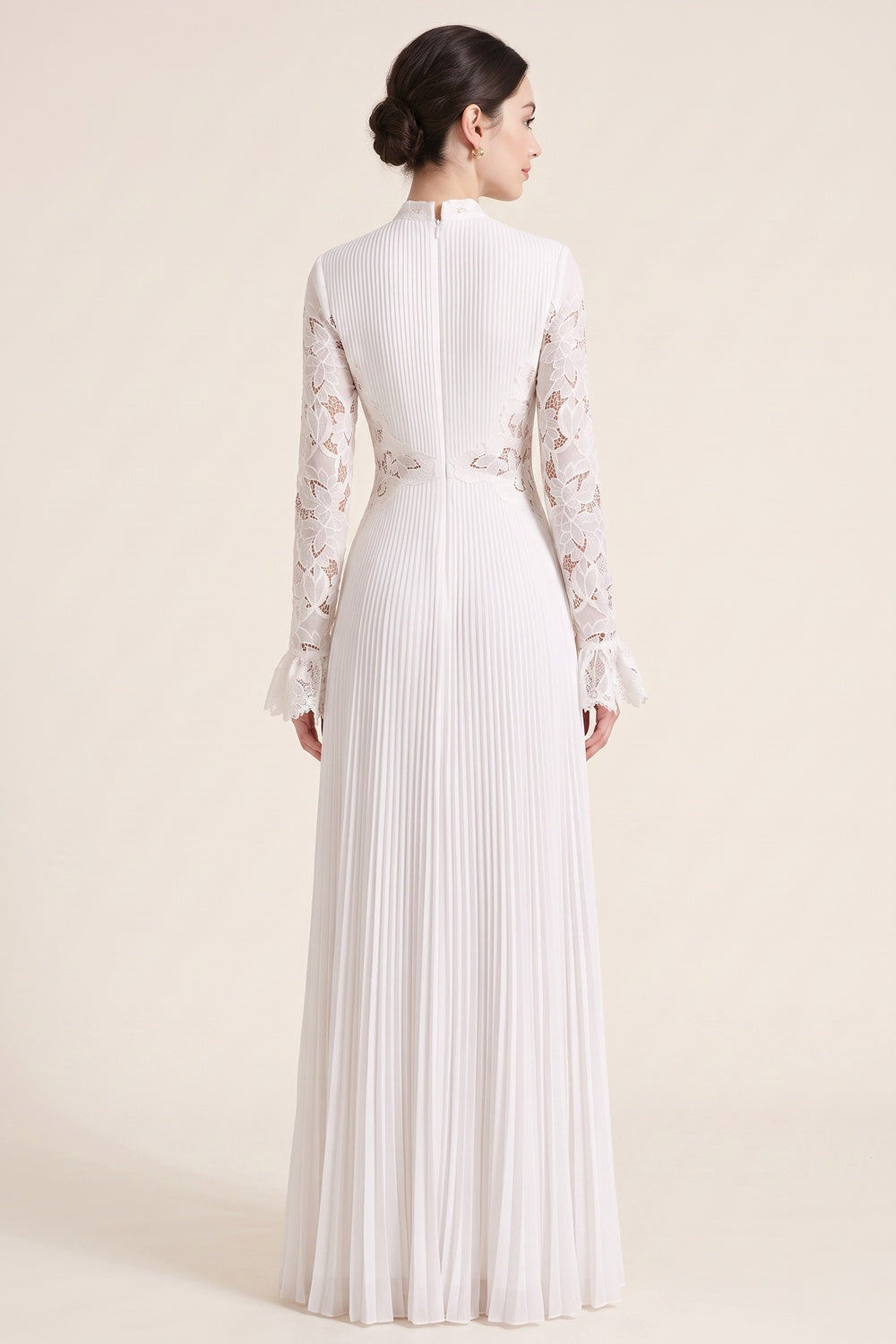 WHITE PLEATED GEORGETTE A-LINE LACE GOWN FOR WEDDING GUEST