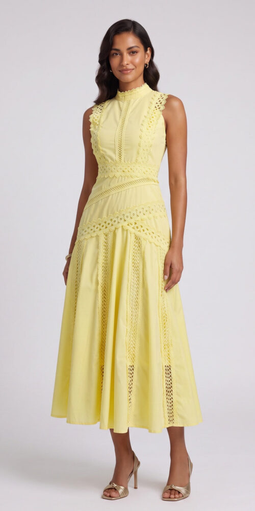 3f0391429addc6bb YELLOW A-LINE LACE MIDI DRESS FOR WEDDING GUEST