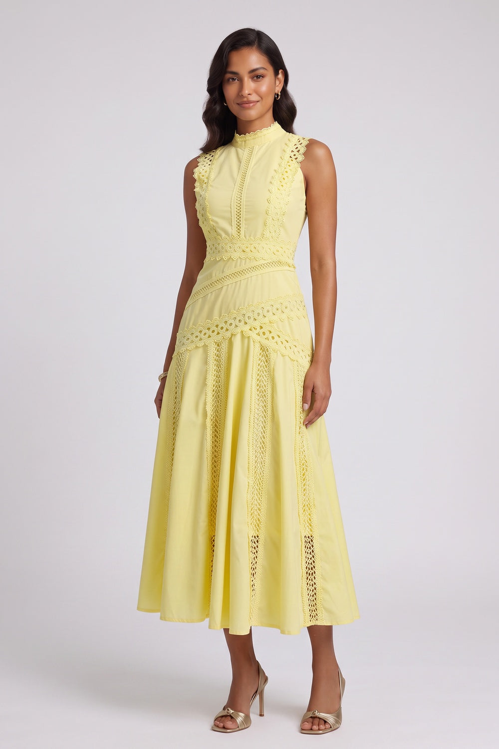 3f0391429addc6bb YELLOW A-LINE LACE MIDI DRESS FOR WEDDING GUEST