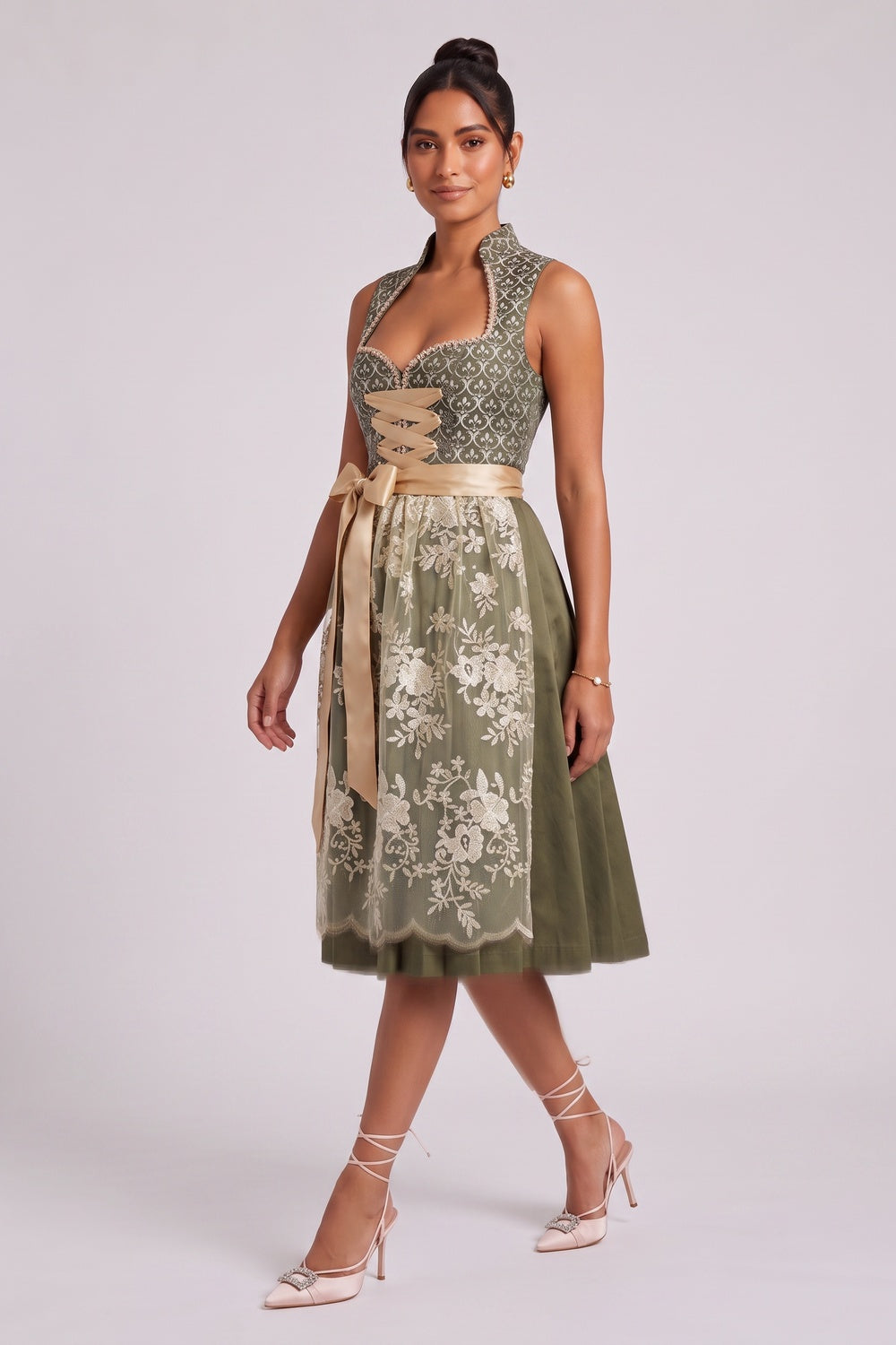 OLIVE GREEN JACQUARD BODICE FIT-FLARE DIRNDL