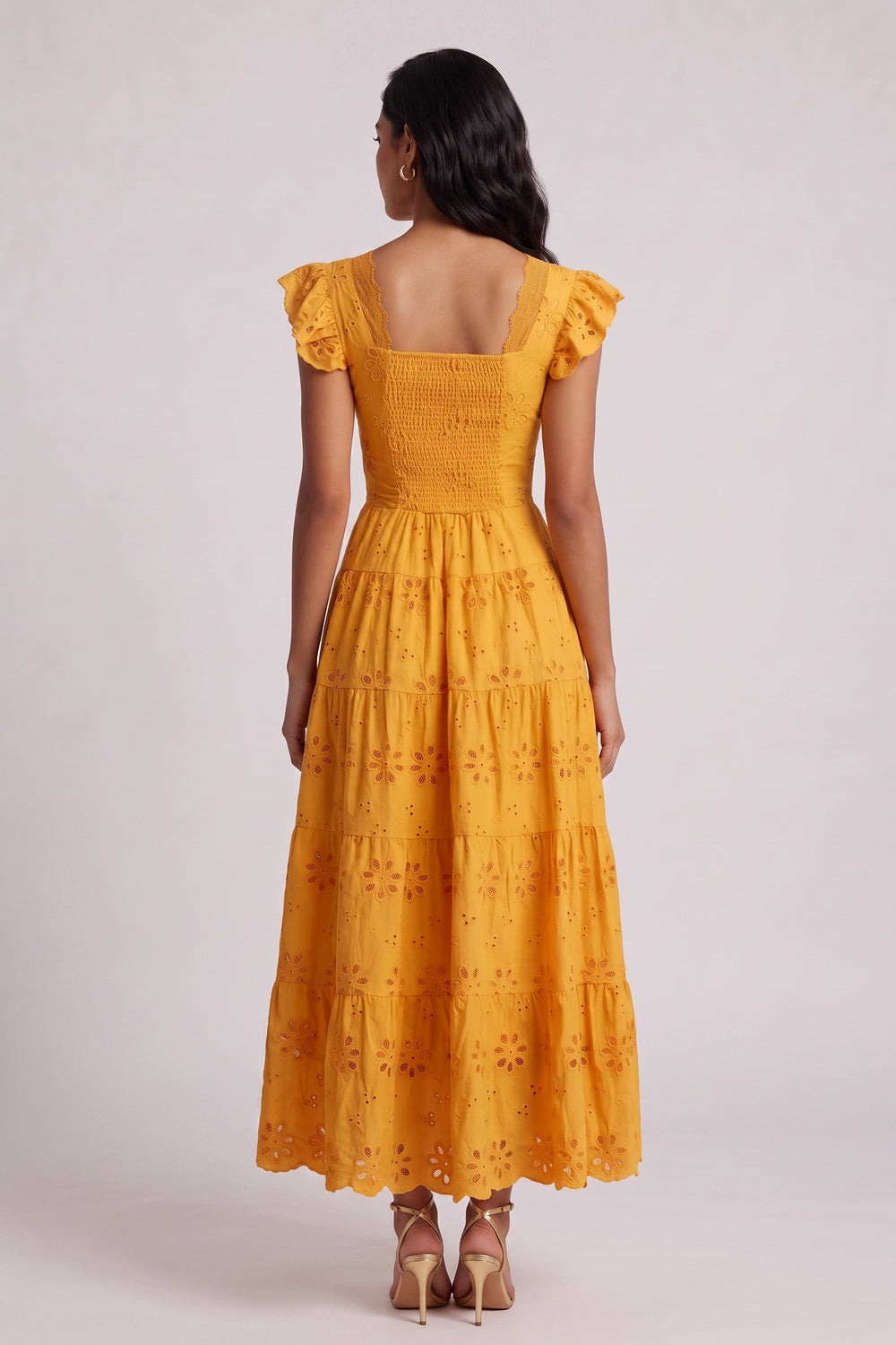 3f2c912410c38a0f SCALLOP V-NECK RUFFLE SLEEVE EYELET TIERED MIDI DRESS
