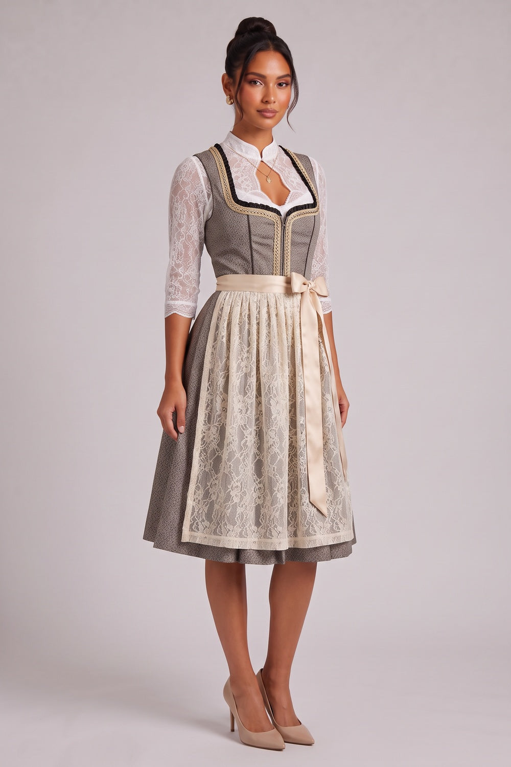 3f46a25e6d13d66a GREY-BROWN MELANGE JACQUARD FIT-AND-FLARE DIRNDL SET