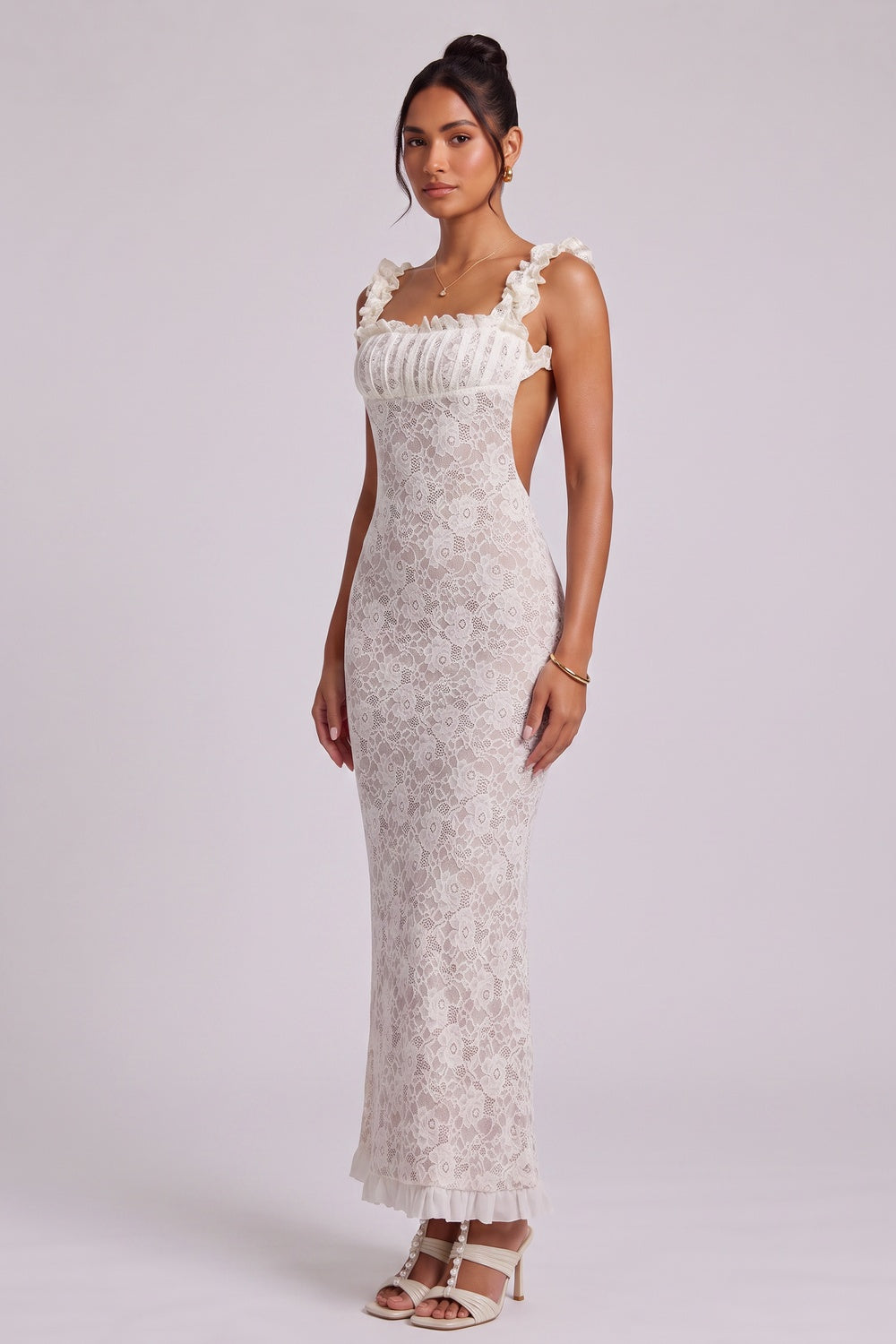 3f6a77f74675e64c WHITE LACE MAXI DRESS RUFFLED SQUARE NECKLINE WEDDING GUEST