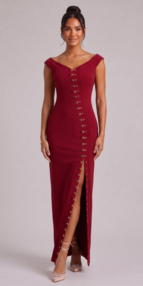 BURGUNDY GOLD HARDWARE MAXI DRESS