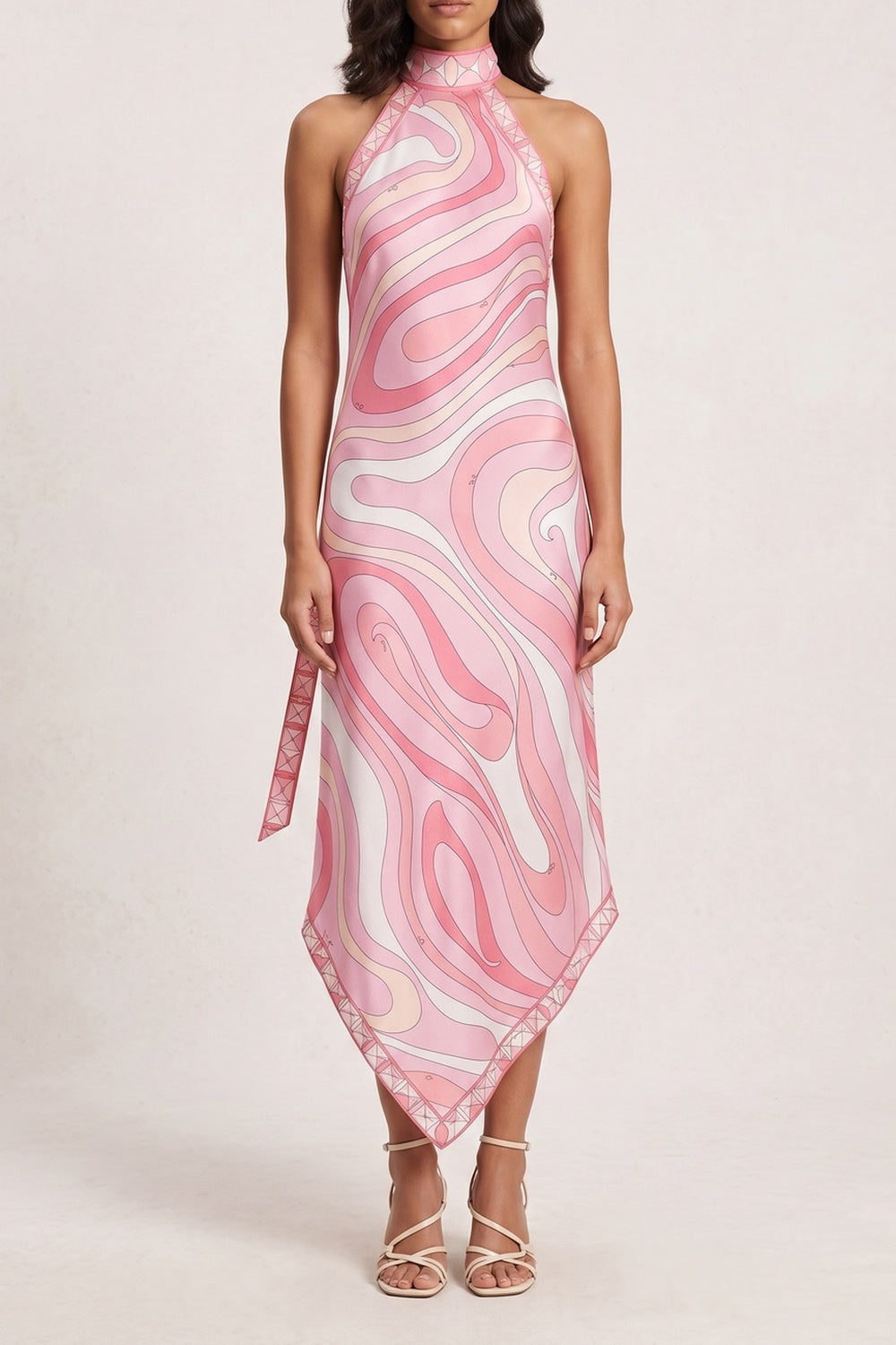 3faf3338ad22419a HALTER SWIRL SATIN MIDI DRESS FOR WEDDING GUEST