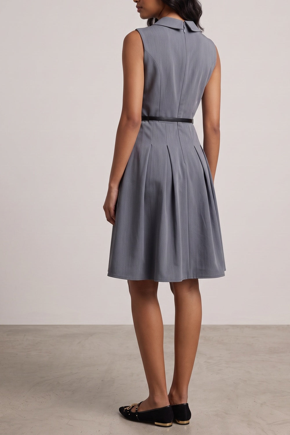 3fb73f0deb8ed53e COLLARED SLEEVELESS BELTED PLEATED MIDI SHIRT DRESS
