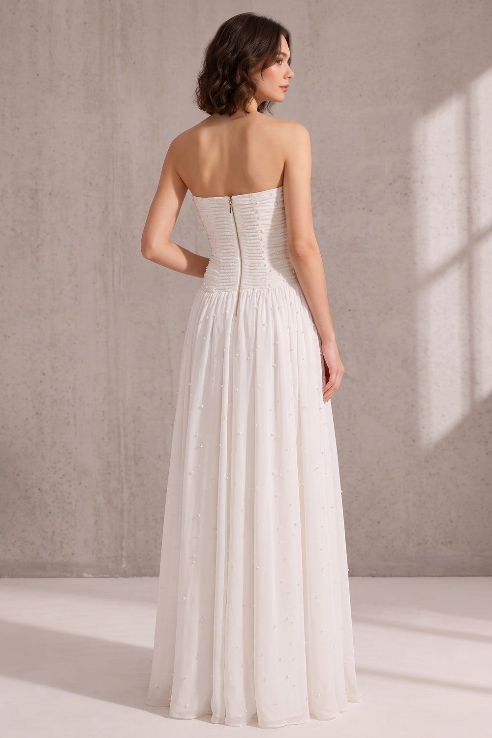 3fca937d6d98ddcf WHITE STRAPLESS RUCHED PEARL CHIFFON HIGH SLIT MAXI GOWN