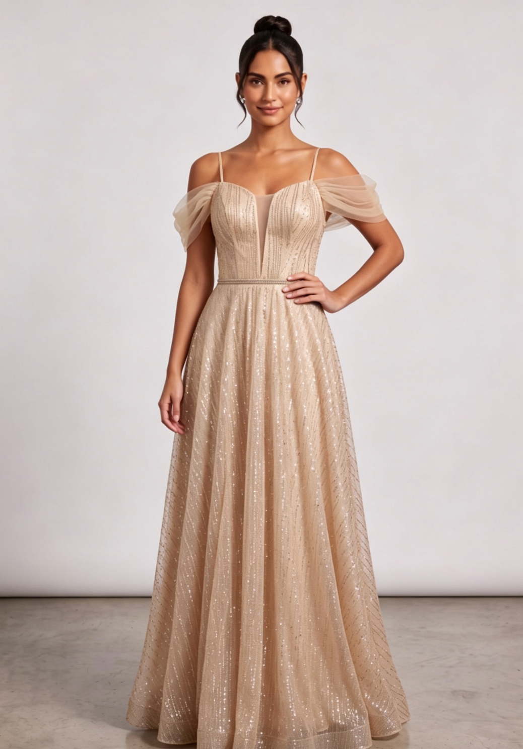 3fcbdc467f2f786d3052e5890acdee81 CHAMPAGNE GLITTER TULLE A-LINE EVENING GOWN