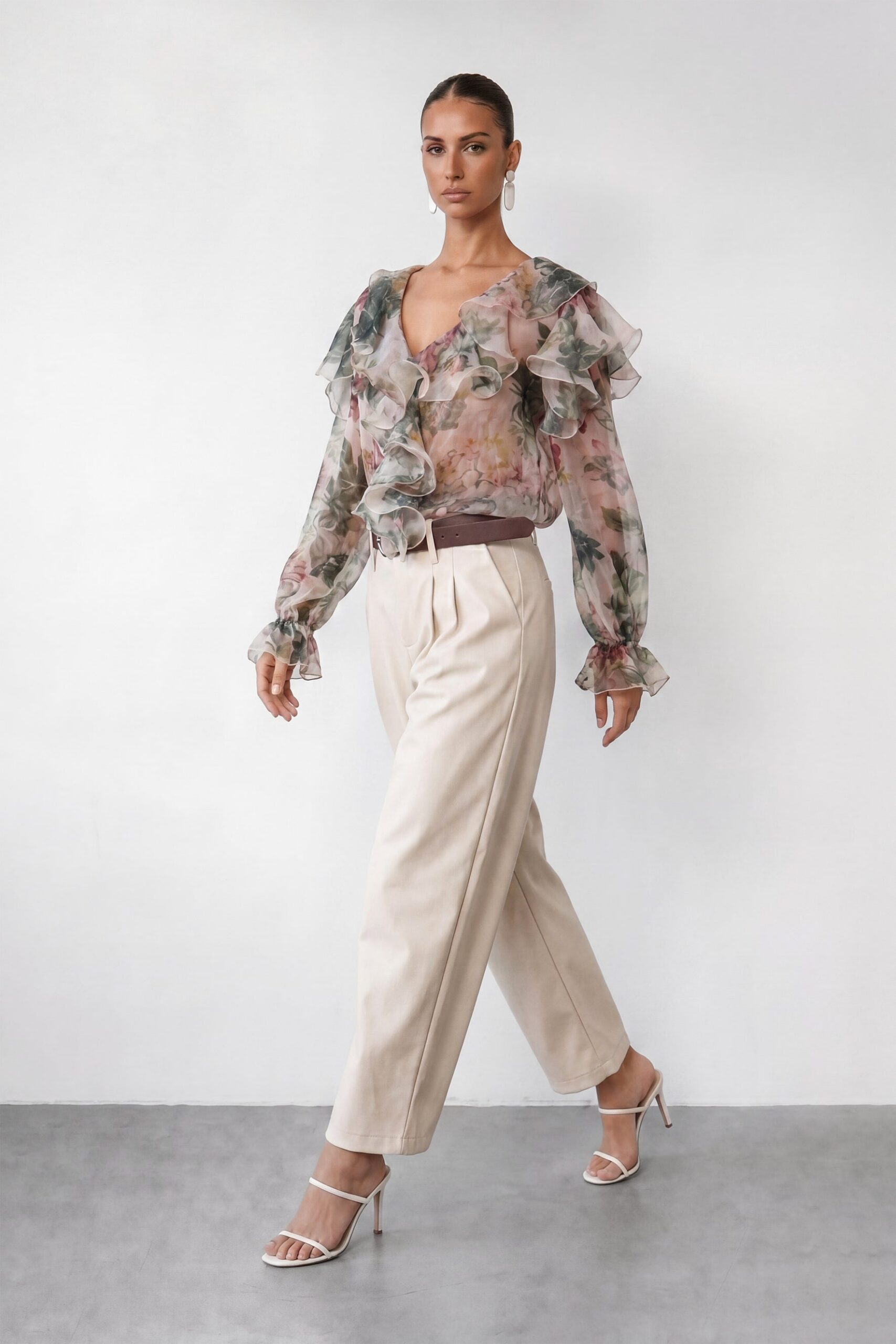 4-59 VINTAGE ROSE RUFFLE V-NECK CHIFFON BLOUSE FOR WEDDING GUEST