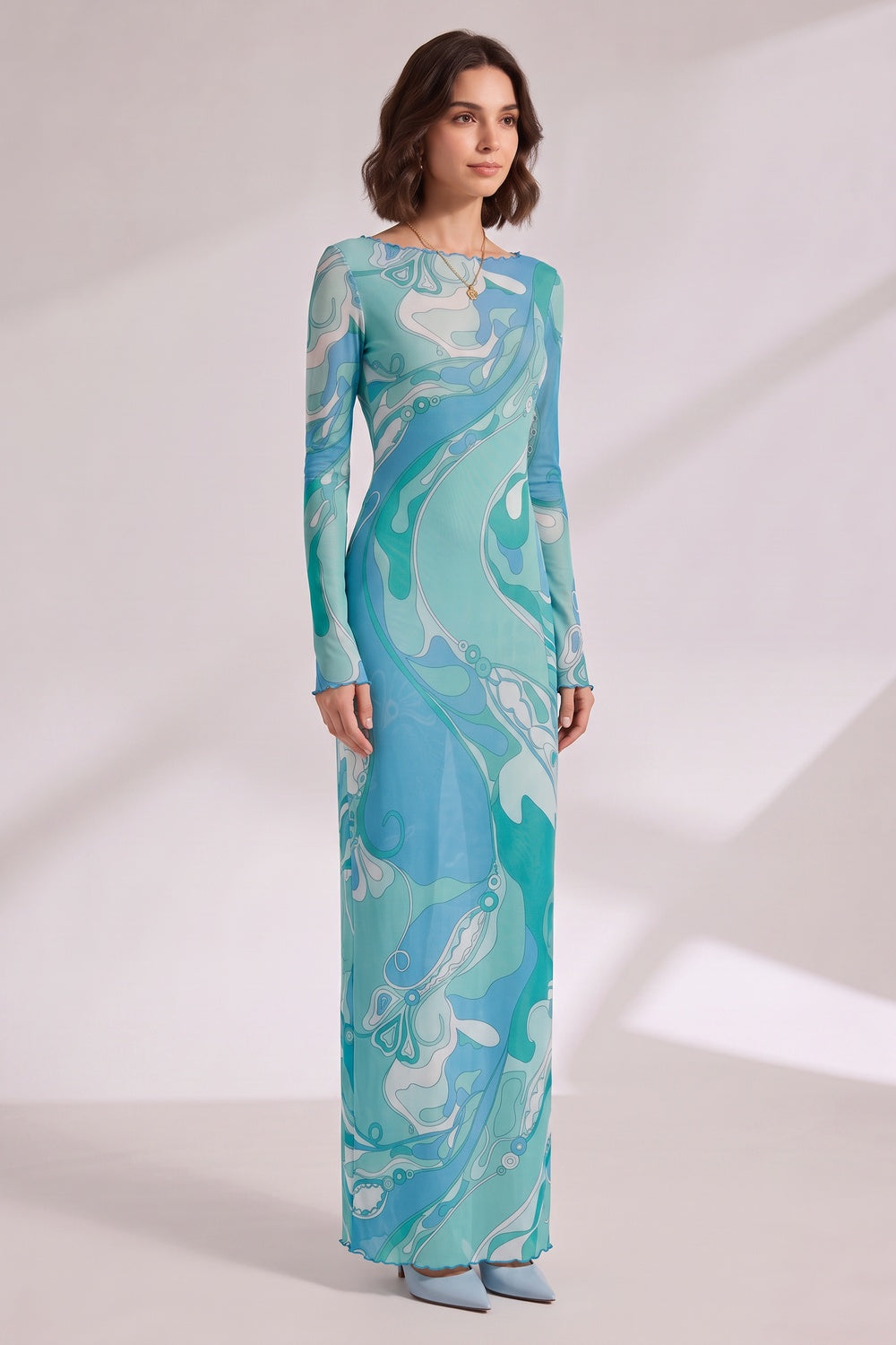 403ddf53a08acb67 ABSTRACT WAVE PRINT MAXI DRESS TEAL BLUE