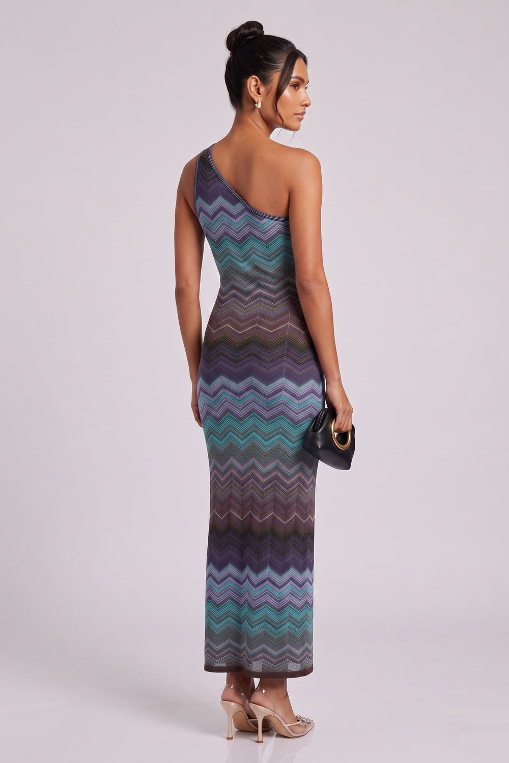 403e5e3d8d254582 ONE-SHOULDER CHEVRON MAXI DRESS TEAL PURPLE BROWN