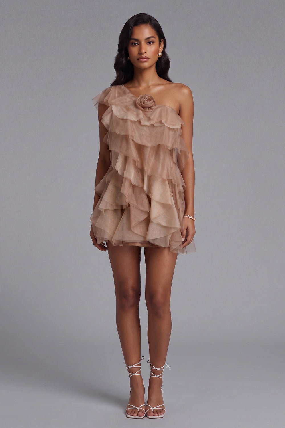 40576fa5e1716ead TAUPE TIERED TULLE A-LINE MINI DRESS FOR PARTY