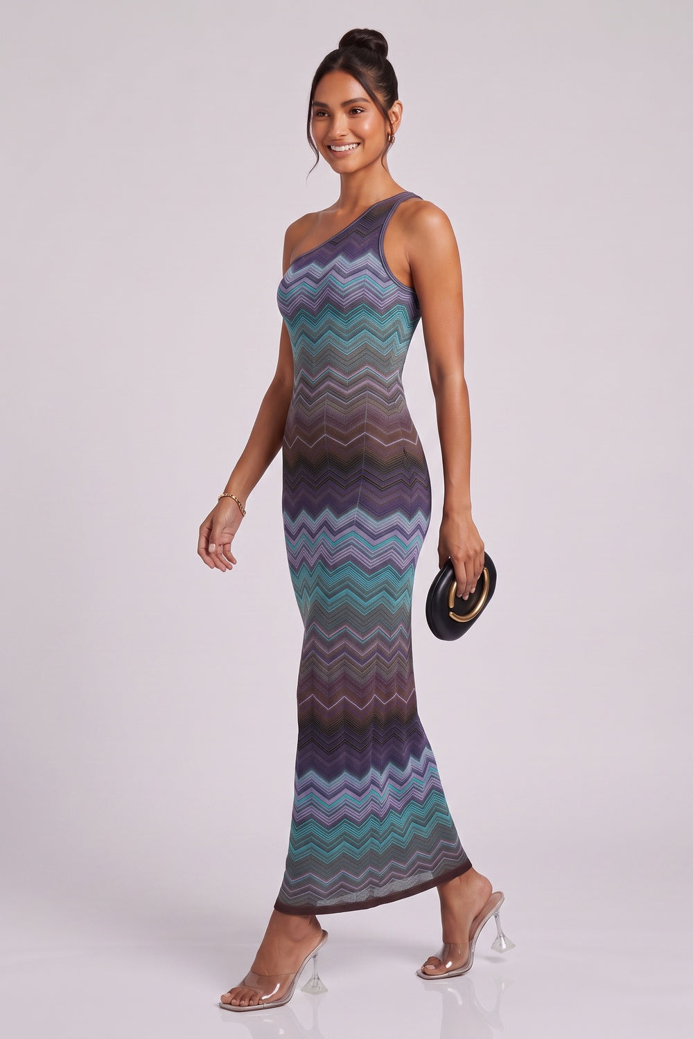 40c30c2196b10a8f ONE-SHOULDER CHEVRON MAXI DRESS TEAL PURPLE BROWN