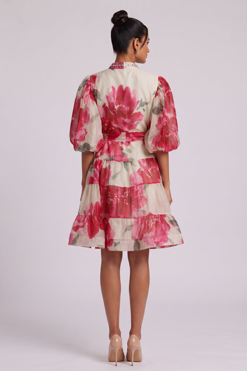 40f2bfd0633846aa CREAM WATERCOLOR FLORAL A-LINE PUFF SLEEVE PARTY DRESS