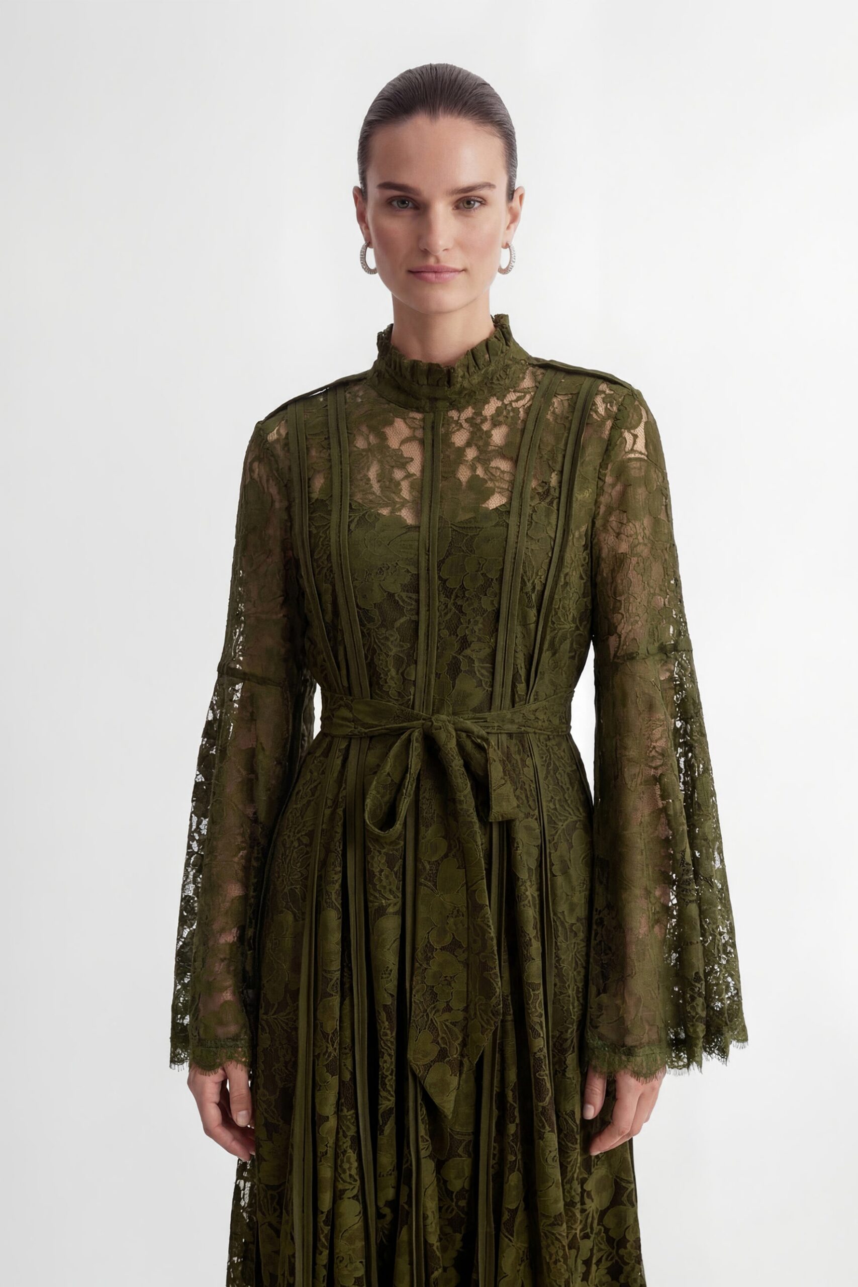41-2 OLIVE FLORAL LACE HIGH NECK BELL SLEEVE MAXI DRESS