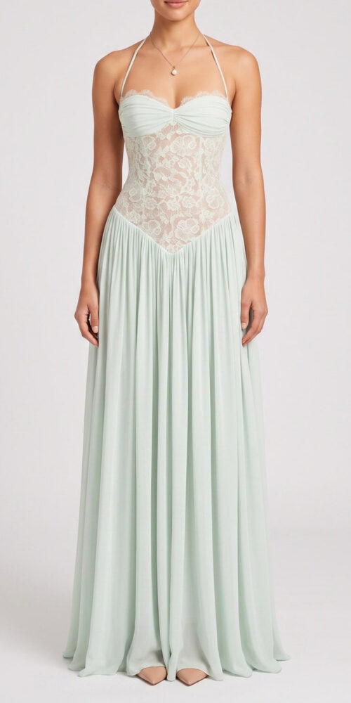 4132ed7fc36854ee HALTER TWIST BUST LACE CORSET CHIFFON MAXI DRESS