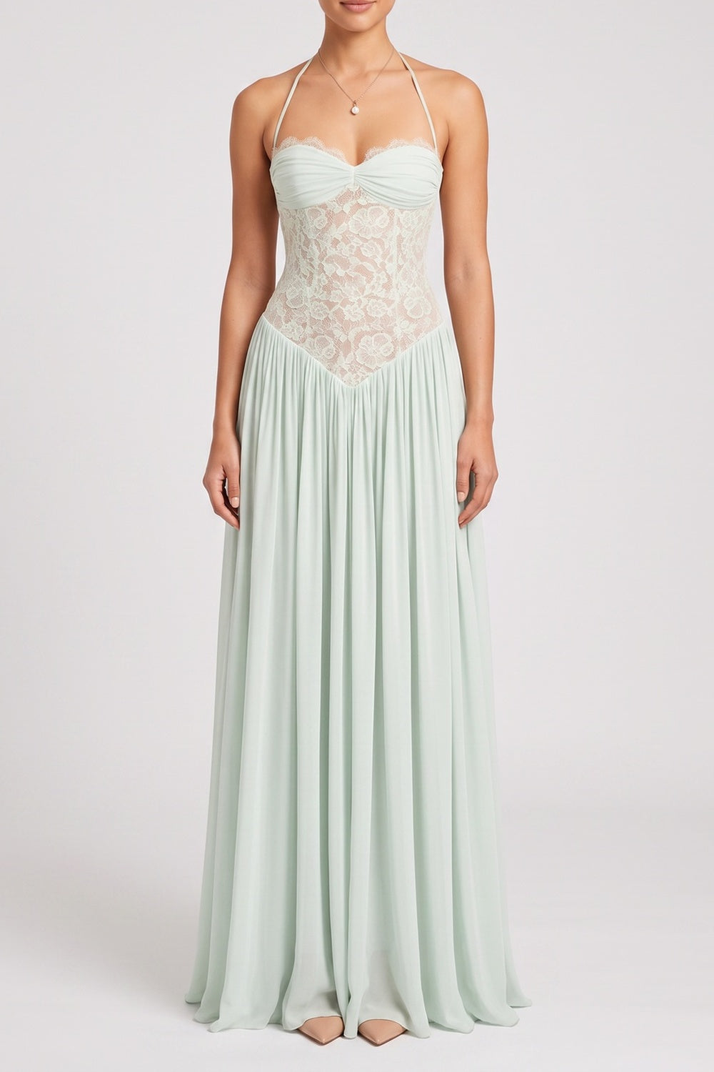 4132ed7fc36854ee HALTER TWIST BUST LACE CORSET CHIFFON MAXI DRESS