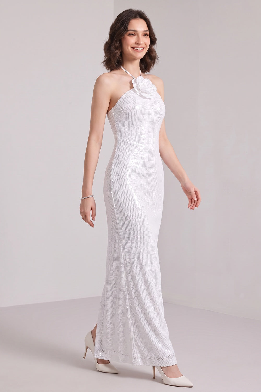 WHITE SEQUIN MESH COLUMN DRESS FLOWER EMBELLISHMENT