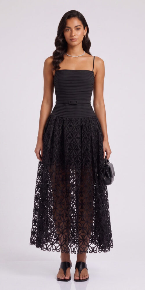 41e1e06f03528b3f BLACK LACE MIDI DRESS, SPAGHETTI STRAP PLEATED BODICE, FLORAL CUTOUT