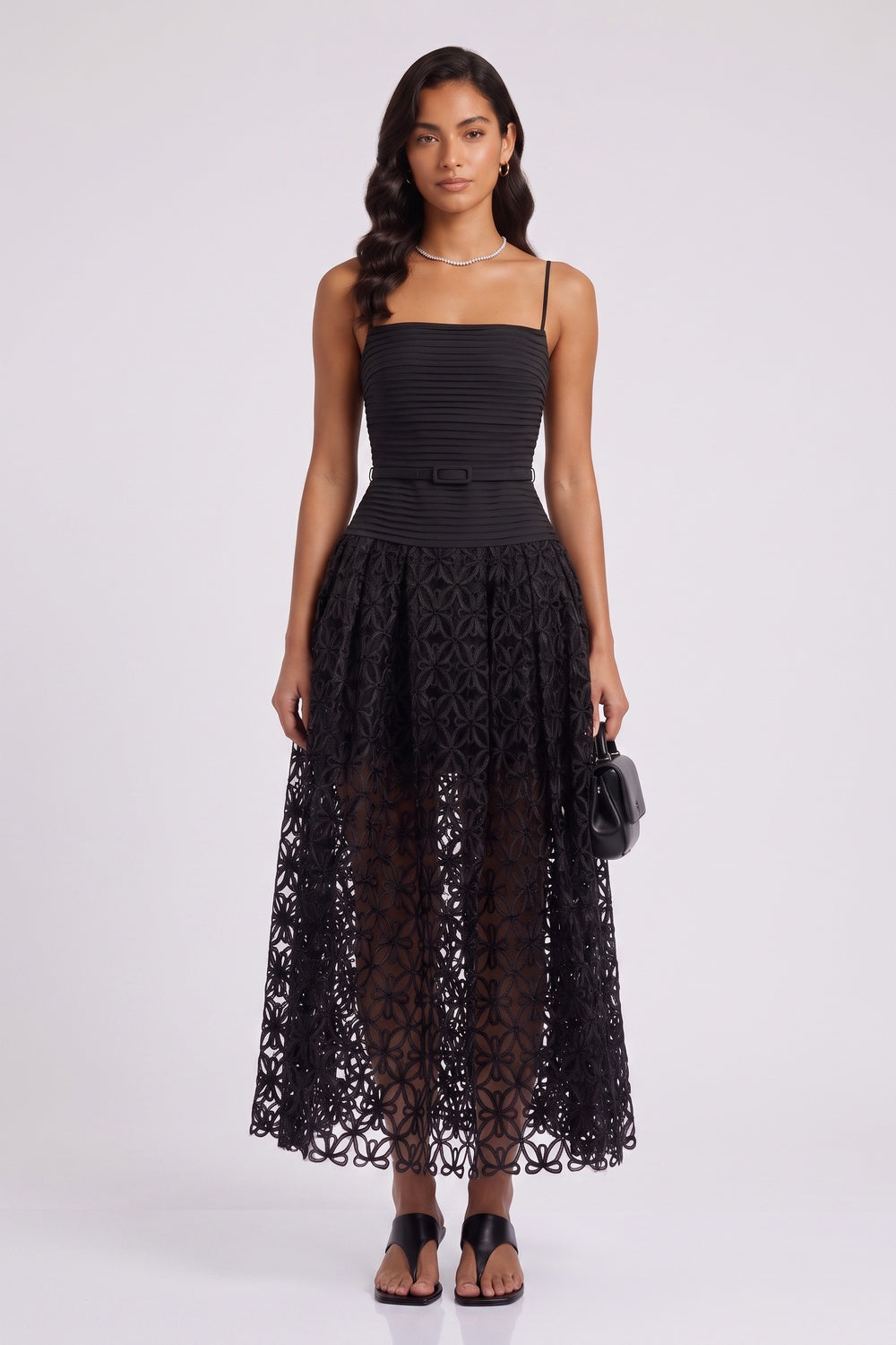 41e1e06f03528b3f BLACK LACE MIDI DRESS, SPAGHETTI STRAP PLEATED BODICE, FLORAL CUTOUT