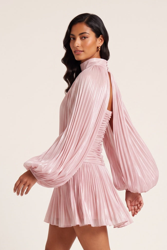 4202b0e121f1eaea HIGH NECK KEYHOLE CAPE PUFF SLEEVE RUCHED MINI DRESS