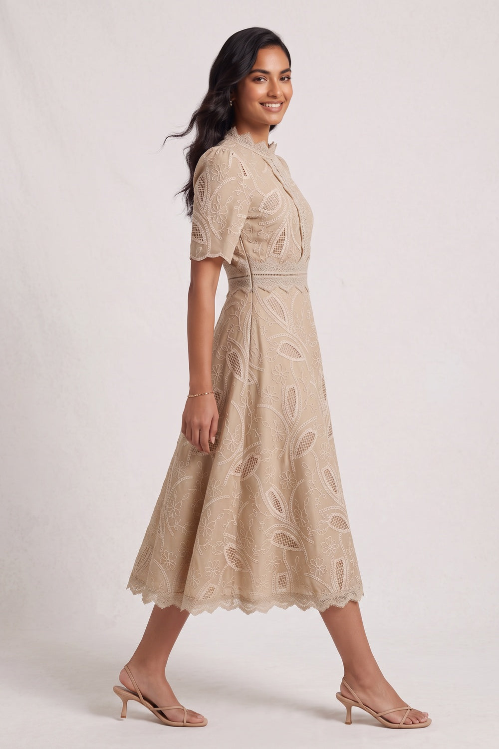 42676502abfb5fd7 BEIGE EMBROIDERED ORGANZA A-LINE MIDI DRESS