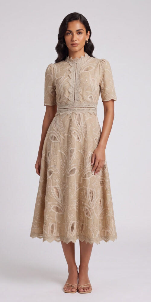 4295718f0995ab20 BEIGE EMBROIDERED ORGANZA A-LINE MIDI DRESS