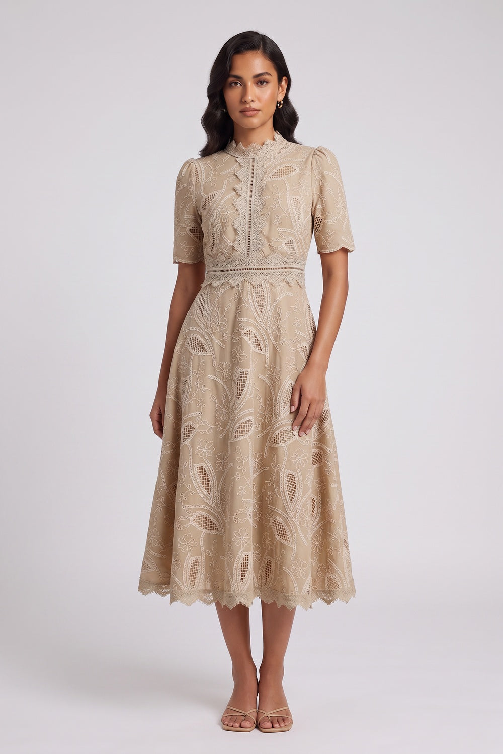 4295718f0995ab20 BEIGE EMBROIDERED ORGANZA A-LINE MIDI DRESS