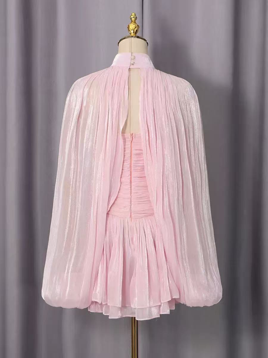 42a7c04dc8e59cb760f46677c683e2c9 HIGH NECK KEYHOLE CAPE PUFF SLEEVE RUCHED MINI DRESS