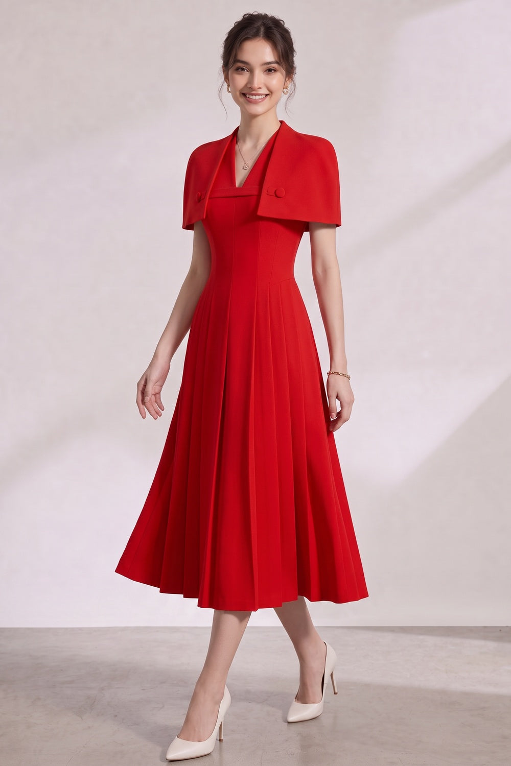 43332220b7fd642c RED CREPE FIT-AND-FLARE MIDI DRESS WITH CAPELET