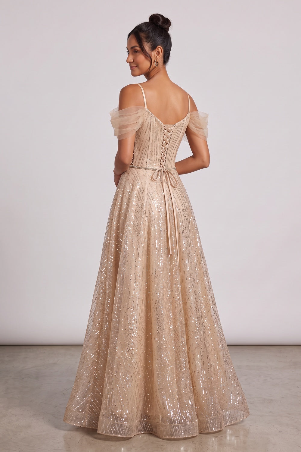 43623799e3633eec CHAMPAGNE GLITTER TULLE A-LINE EVENING GOWN