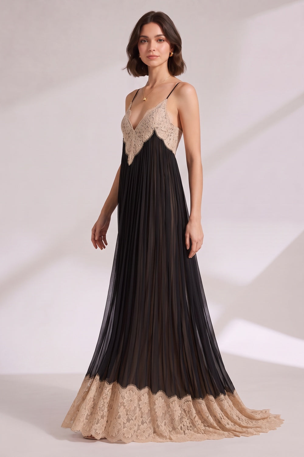 43819a5138cbcd03 CONTRAST LACE STRAP PLEATED MAXI DRESS