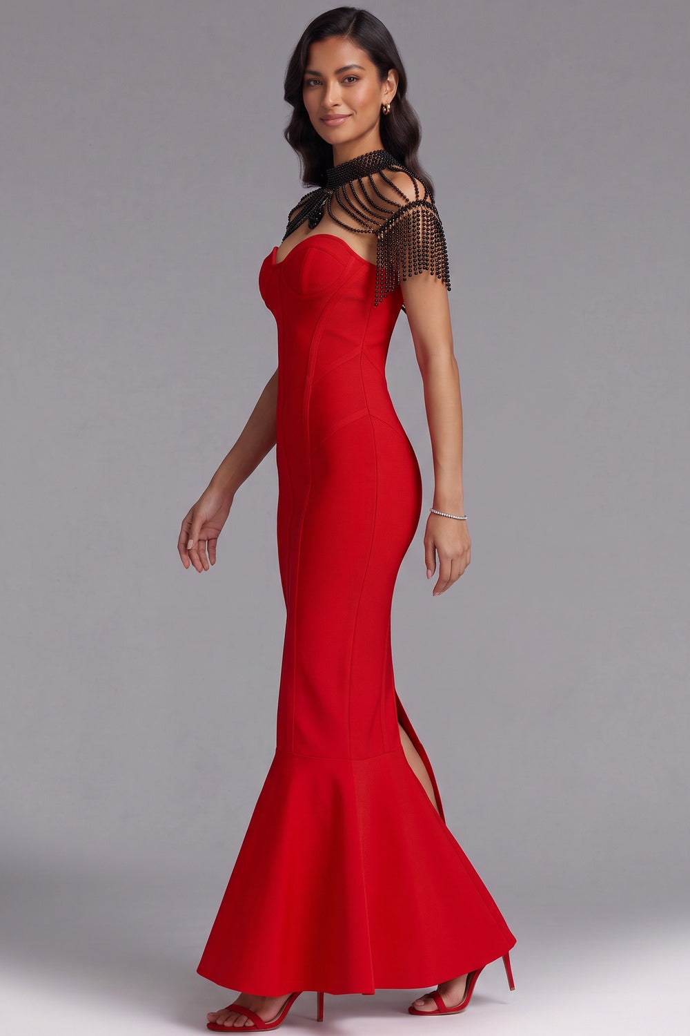 43a0e23d025389d7 RED MERMAID BEADED FRINGE EVENING GOWN