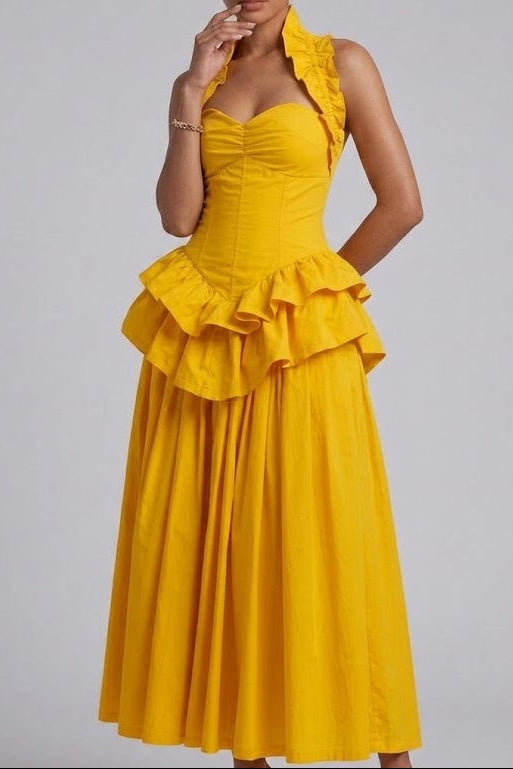 43cc1630-55ac-45cb-b86d-8a1b4f78b8ea YELLOW RUFFLED PEPLUM MIDI DRESS FOR WEDDING GUEST