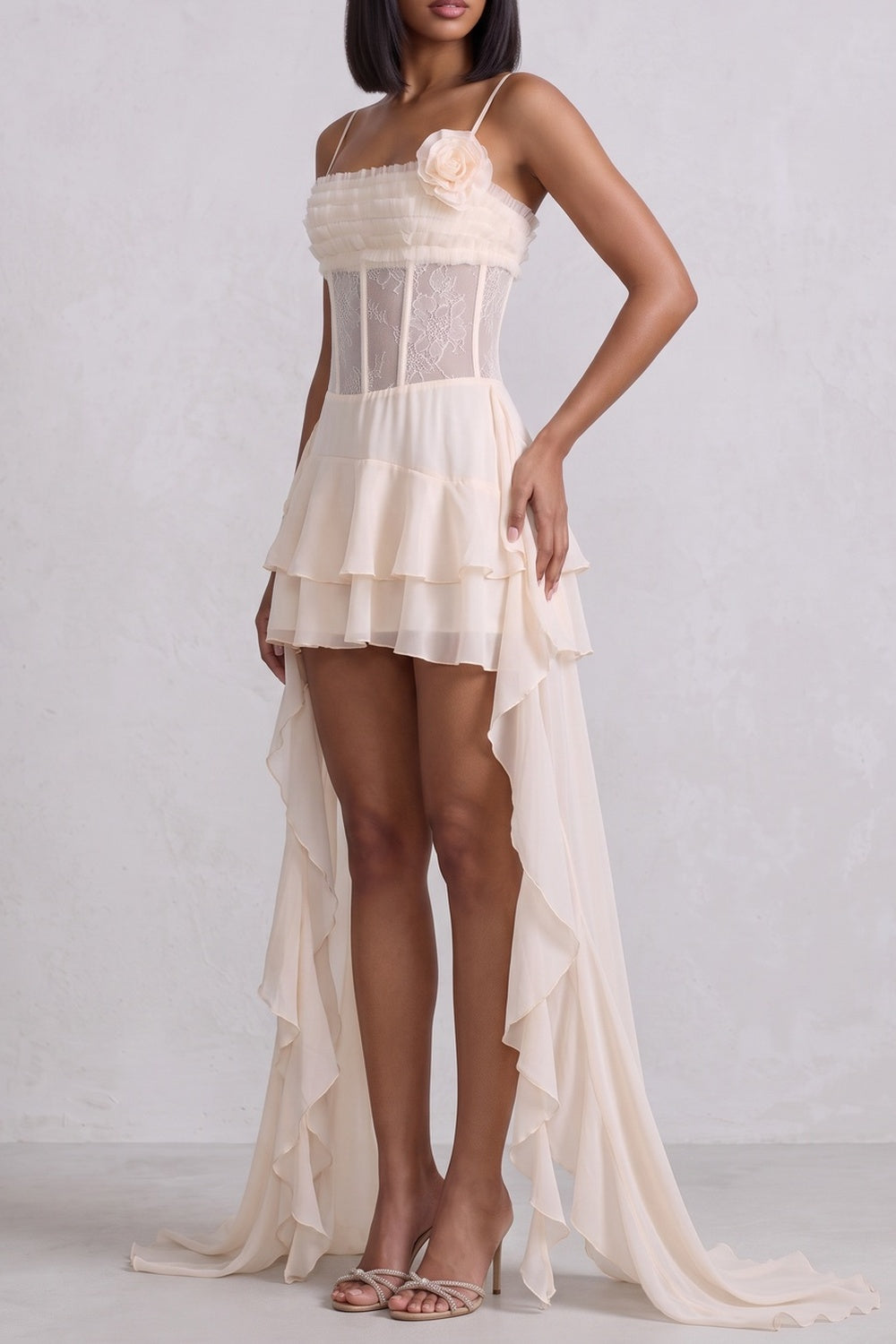 43ead06599dfe2a3 SPAGHETTI STRAP LACE CORSET HIGH-LOW RUFFLE MINI DRESS
