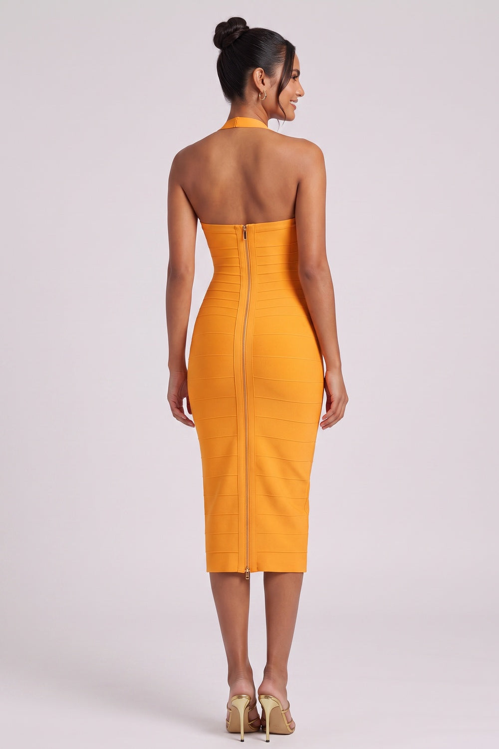 YELLOW HALTER BANDAGE MIDI DRESS FOR PARTY