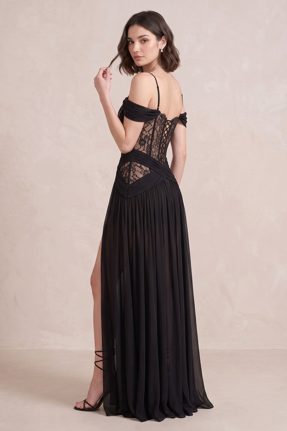 BLACK CHIFFON A-LINE GOWN HIGH SLIT FITTED BODICE