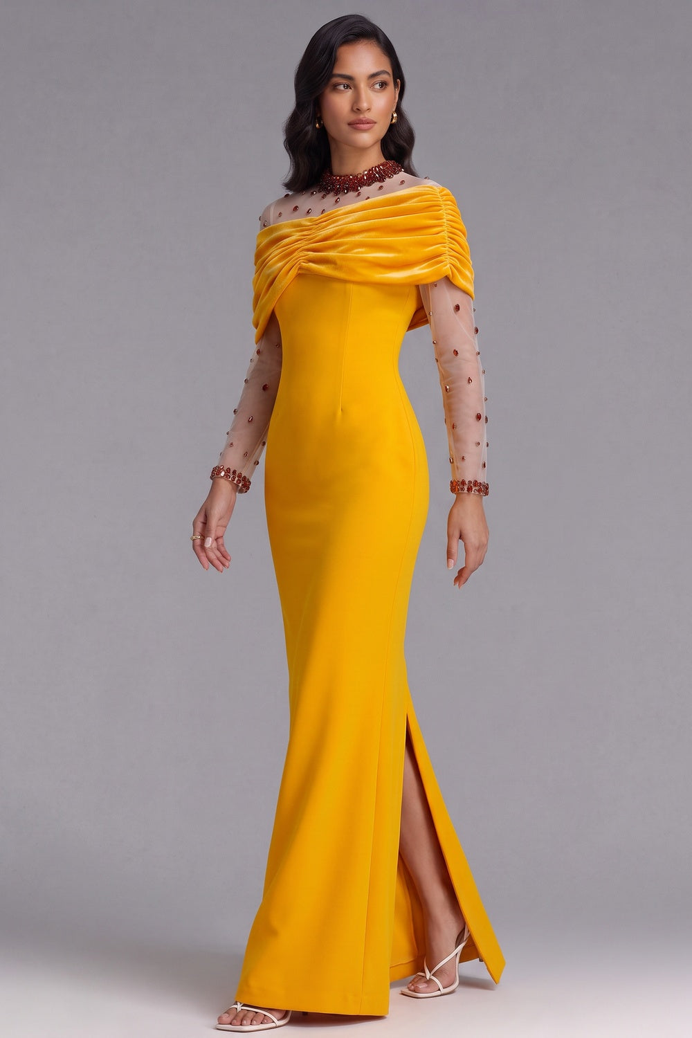 YELLOW VELVET OFF-SHOULDER BEADED GOWN