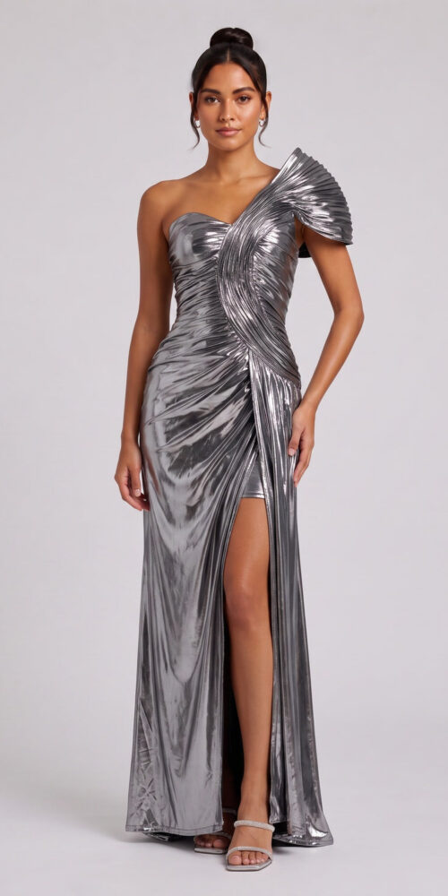 44760318c9da279b SILVER ONE-SHOULDER DRAPED MAXI DRESS FOR EVENING