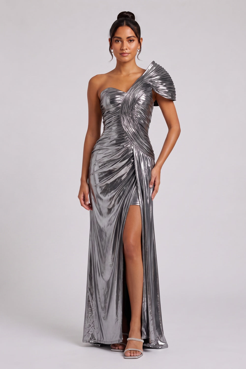 44760318c9da279b SILVER ONE-SHOULDER DRAPED MAXI DRESS FOR EVENING