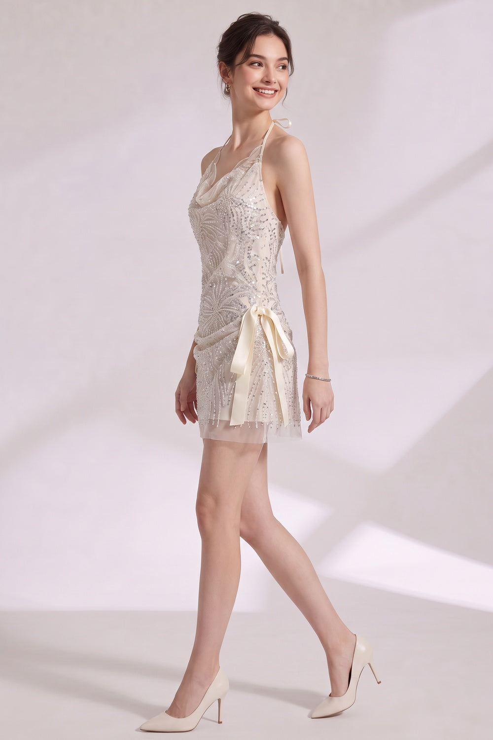 4498b408a12708de IVORY BEADED SHEER A-LINE COCKTAIL MINI DRESS