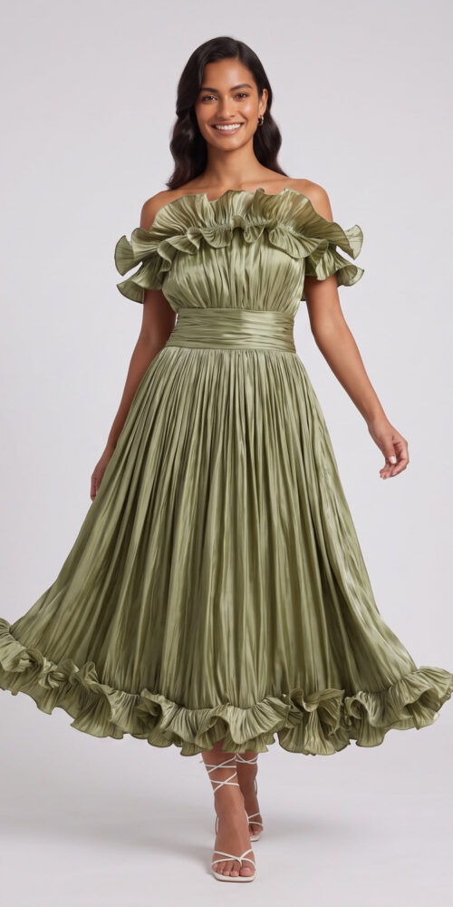 OLIVE GREEN OFF-SHOULDER PLEATED MIDI DRESS, FIT-FLARE