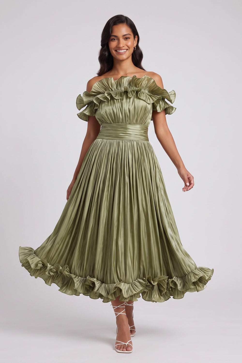 OLIVE GREEN OFF-SHOULDER PLEATED MIDI DRESS, FIT-FLARE