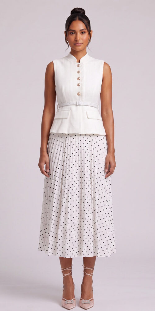 44f073c141cacf09 SLEEVELESS TEXTURED VEST & POLKA-DOT MIDI SKIRT SET