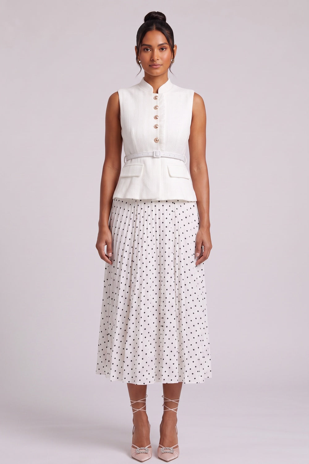 44f073c141cacf09 SLEEVELESS TEXTURED VEST & POLKA-DOT MIDI SKIRT SET