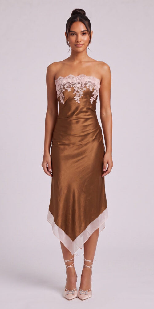4514f8ba0752cbf1 BRONZE SATIN SHEATH DRESS LACE APPLIQUE COCKTAIL