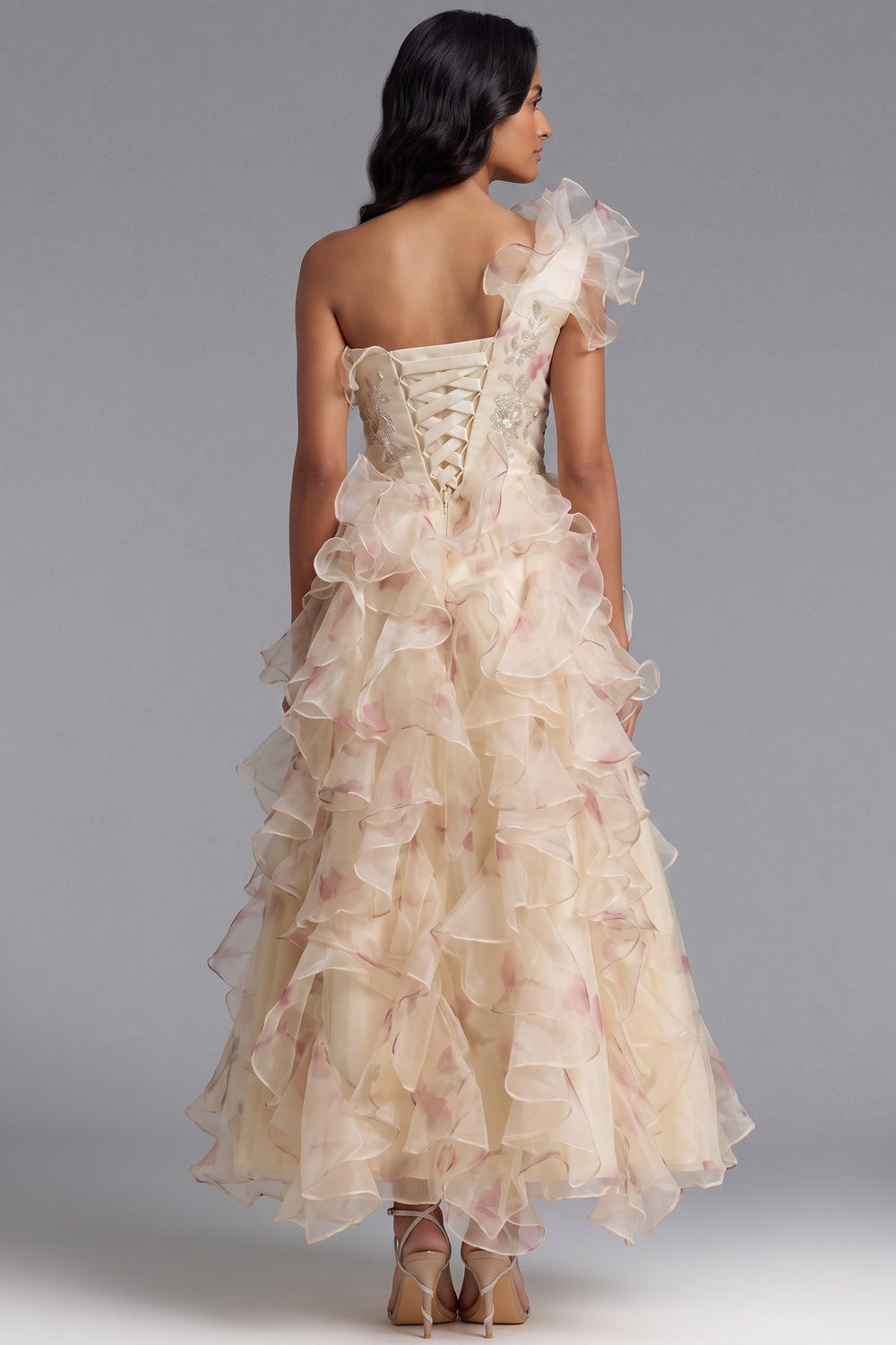 ONE-SHOULDER RUFFLED CORSET BACK MAXI DRESS