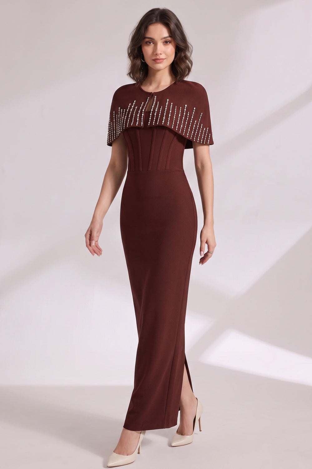 453e064f94ea1695 DARK BROWN CREPE COLUMN DRESS CAPELET OVERLAY